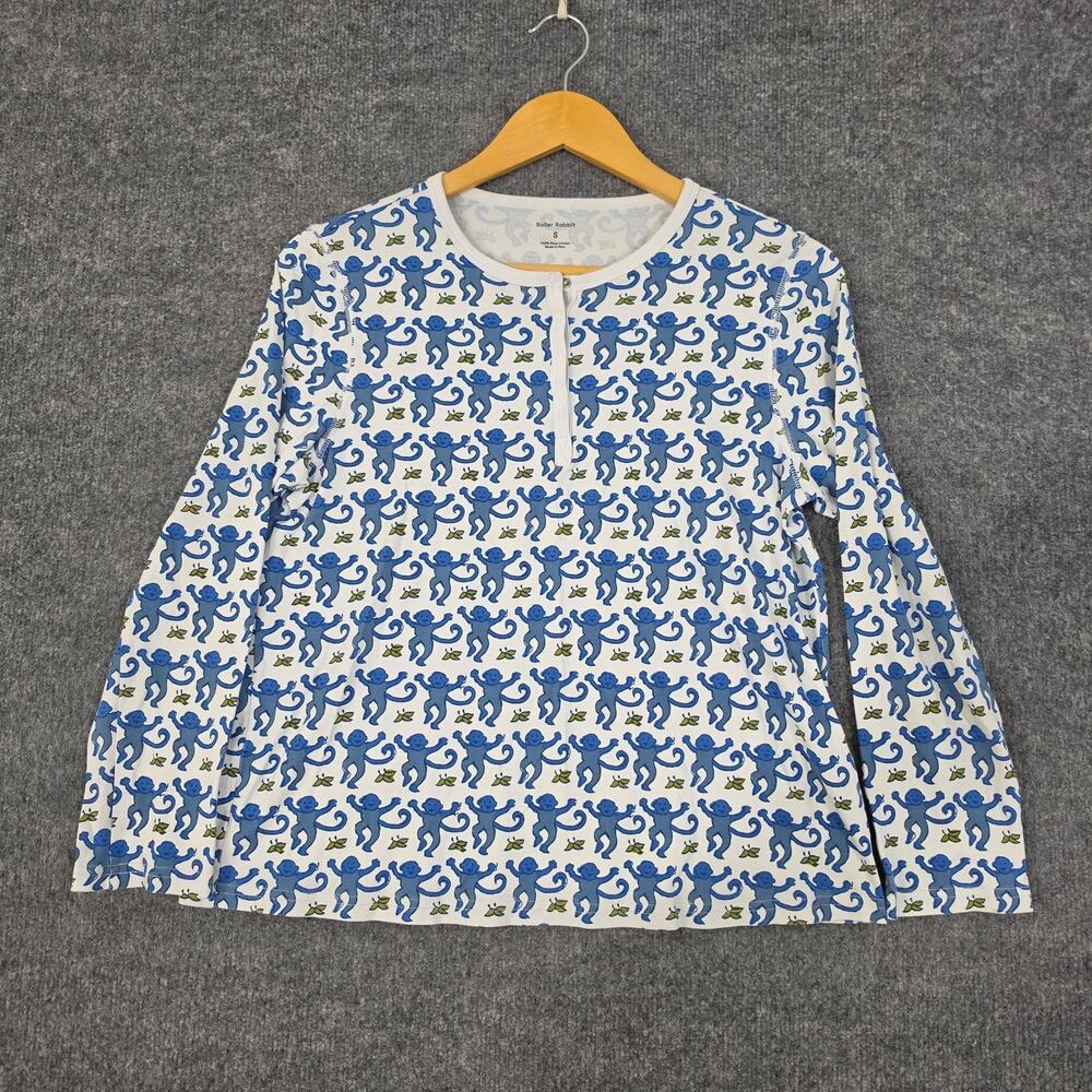 Roller Rabbit Pajama Top Womens Small Blue Monkey Print Cotton Henley Lounge